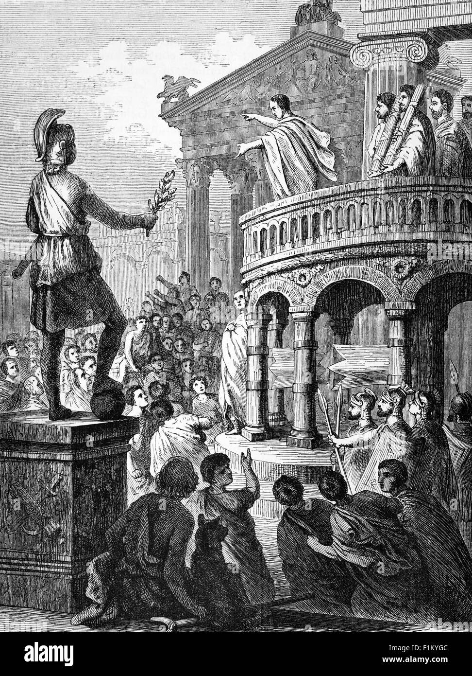 A consul addressing the crowds. It was the highest elected political office of the Roman Republic, and the consulship was considered the highest level of the cursus honorum (the sequential order of public offices through which aspiring politicians sought to ascend). Each year, two consuls were elected together, to serve for a one-year term. Addressing the Romans, First Century BC Stock Photo