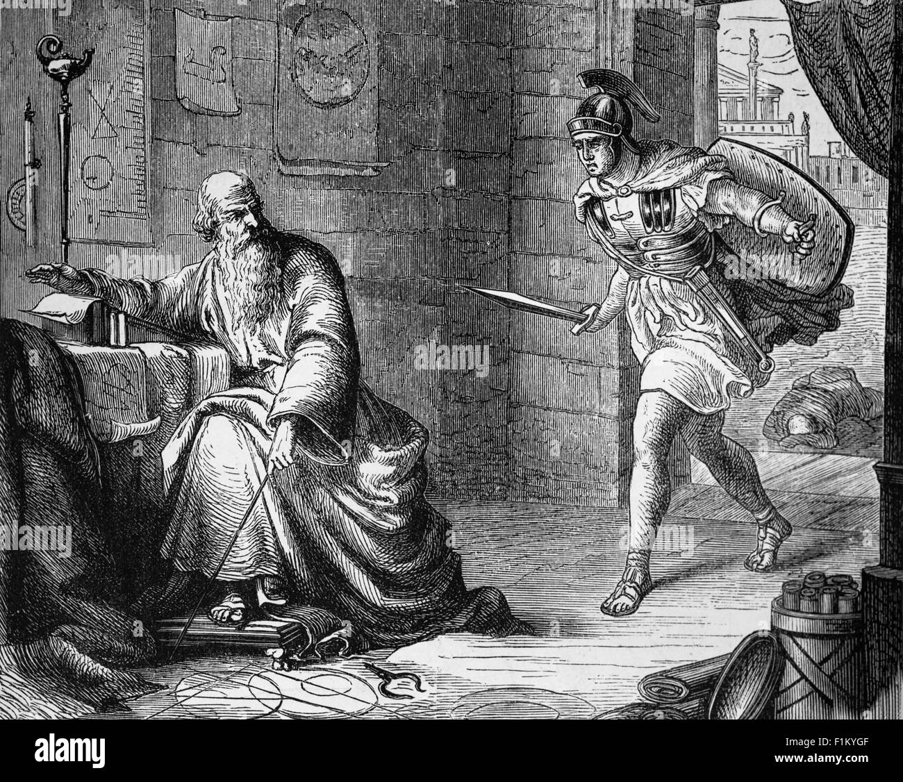 Archimedes, Greek mathematician, physicist, engineer, inventor, and astronomer was researching a mathematical diagram, when a Roman soldier ordered him to meet General Marcus (who was engaged in the siege of Syracuse). But Archimedes declined saying that he had to finish his diagram. Furious, the Roman soldier killed Archimedes in 212 BC,  Syracuse, Sicily, Italy Stock Photo