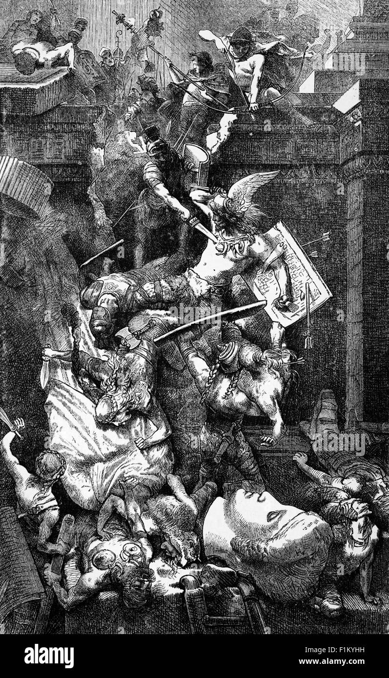 The sack of 455 was the third of four ancient sacks of Rome; it was conducted by the Vandals and the Moors, who were then at war with the usurping Western Roman Emperor Petronius Maximus. At the sight of the approaching Vandals, Maximus and his soldiers tried to flee the city, but he was spotted and killed by a Roman mob outside the city. Upon the Vandal arrival, Pope Leo I requested that the Vandal king, Genseric, not destroy the ancient city nor murder its inhabitants. Genseric agreed and the gates of Rome were thrown open to him and his men. Stock Photo