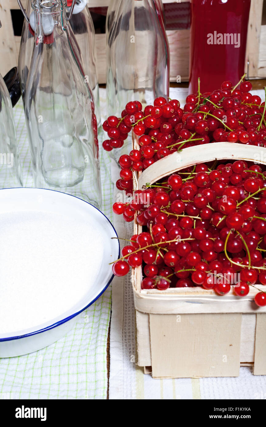 Ripe currants in a basket, Kitchen utensils and ingredients for manufacturing of currant syrup Stock Photo