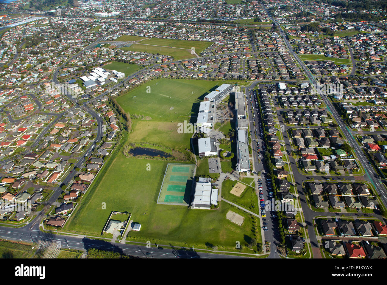 Alfriston College, Randwick Park, Manukau, Auckland, North Island, New Zealand - aerial Stock Photo