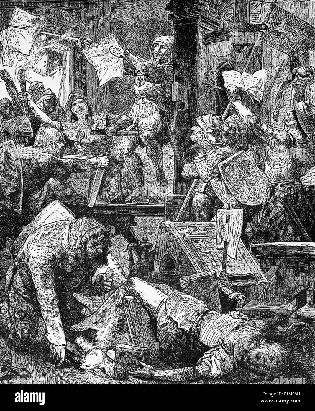 Destruction of printing presses during the Reformation in Germany. The Reformation, also called Protestant Reformation, was a religious revolution that took place in the Western church in the 16th century. Its greatest leaders undoubtedly were Martin Luther and John Calvin. Having far-reaching political, economic, and social effects, the Reformation became the basis for the founding of Protestantism, one of the three major branches of Christianity. Stock Photo