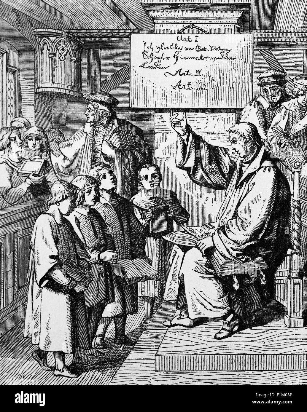 Martin Luther teaching Children during the Reformation in Germany. Martin Luther (1483-1546) was a German professor of theology, priest, author, composer, Augustinian monk, and a seminal figure in the Reformation. Ordained to the priesthood in 1507 Luther came to reject several teachings and practices of the Roman Catholic Church; in particular, he disputed the view on indulgences. Luther proposed an academic discussion of the practice and efficacy of indulgences in his Ninety-five Theses of 1517. Stock Photo