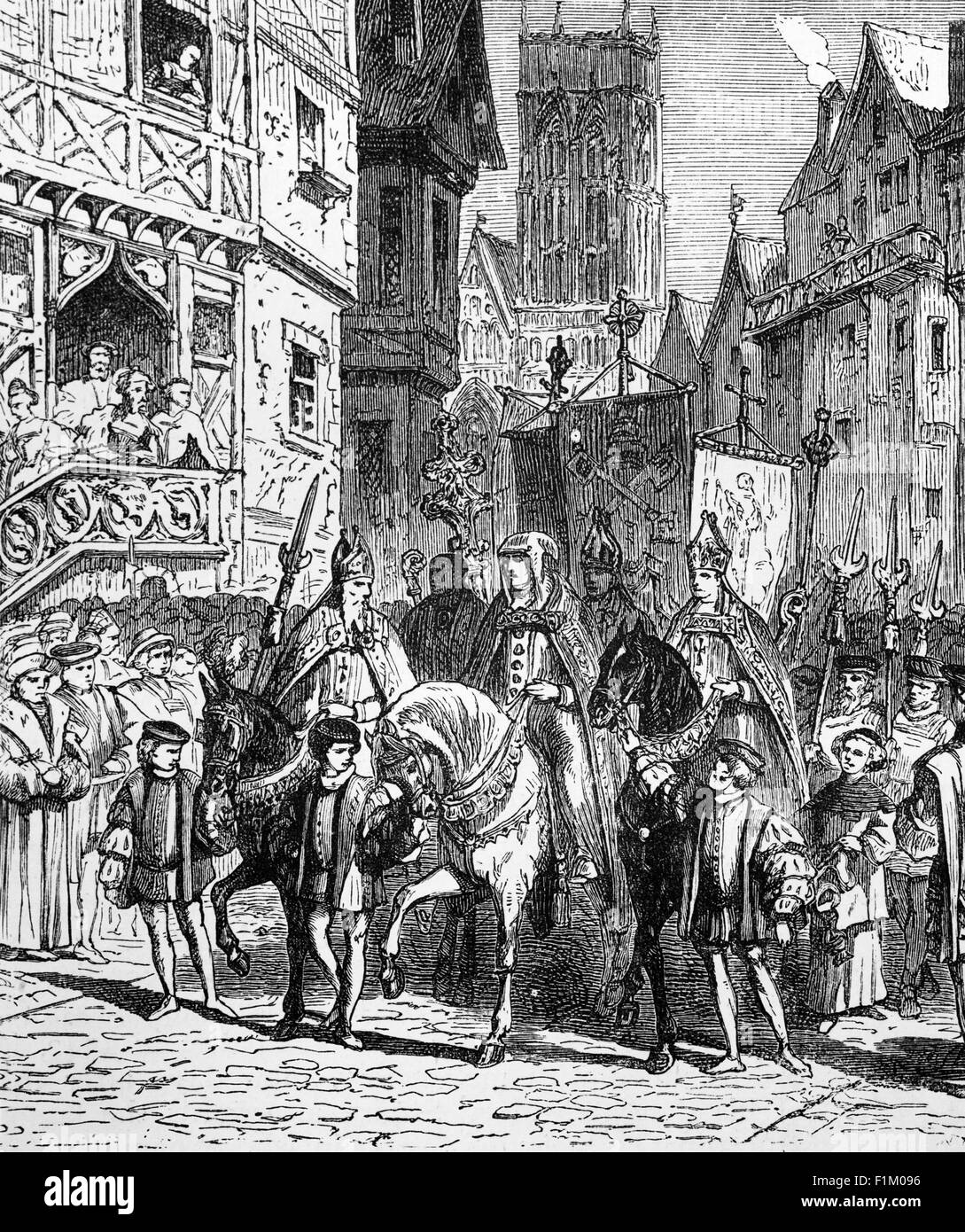 The Triumphant Entry of the Catholic Bishops under the auspices of Queen Mary 1st, into London in the mid 16th Century. Mary rode triumphantly into London on 3 August 1553, on a wave of popular support. She was accompanied by her half-sister Elizabeth and a procession of over 800 nobles and gentlemen. Stock Photo