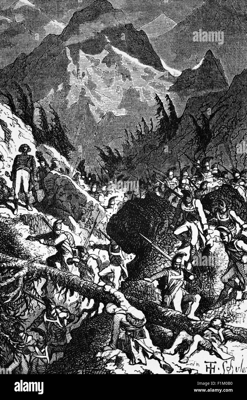 The French Army under General of Division Claude Lecourbe in the St Gothard Pass, Switzerland, preparing for the Battle of Gotthard Pass or Battle of St. Gotthard Pass in 1799 against the Imperial Russian army commanded by Field Marshal Alexander Suvorov supported by two Habsburg Austrian brigades. The Austro-Russian army successfully captured the Gotthard Pass after stiff fighting on the first day. Stock Photo