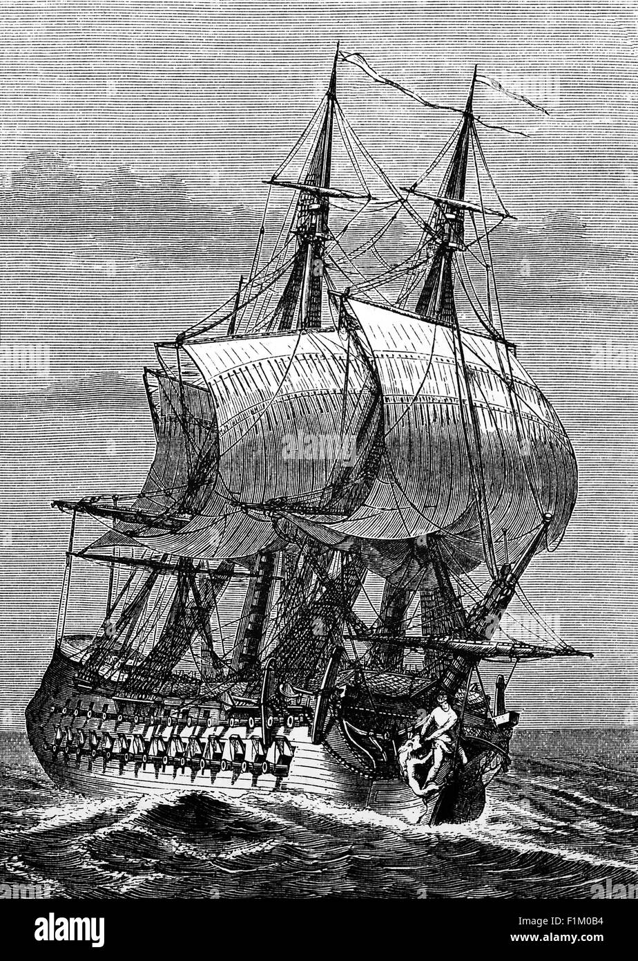 A man-of-war of indeterminate Nationality in the Atlantic Ocean. It was a Royal Navy expression for a powerful warship or frigate from the 16th to the 19th century. Although the term never acquired a specific meaning, it was usually reserved for a ship armed with cannon and propelled primarily by sails, as opposed to a galley which is propelled primarily by oars. Stock Photo