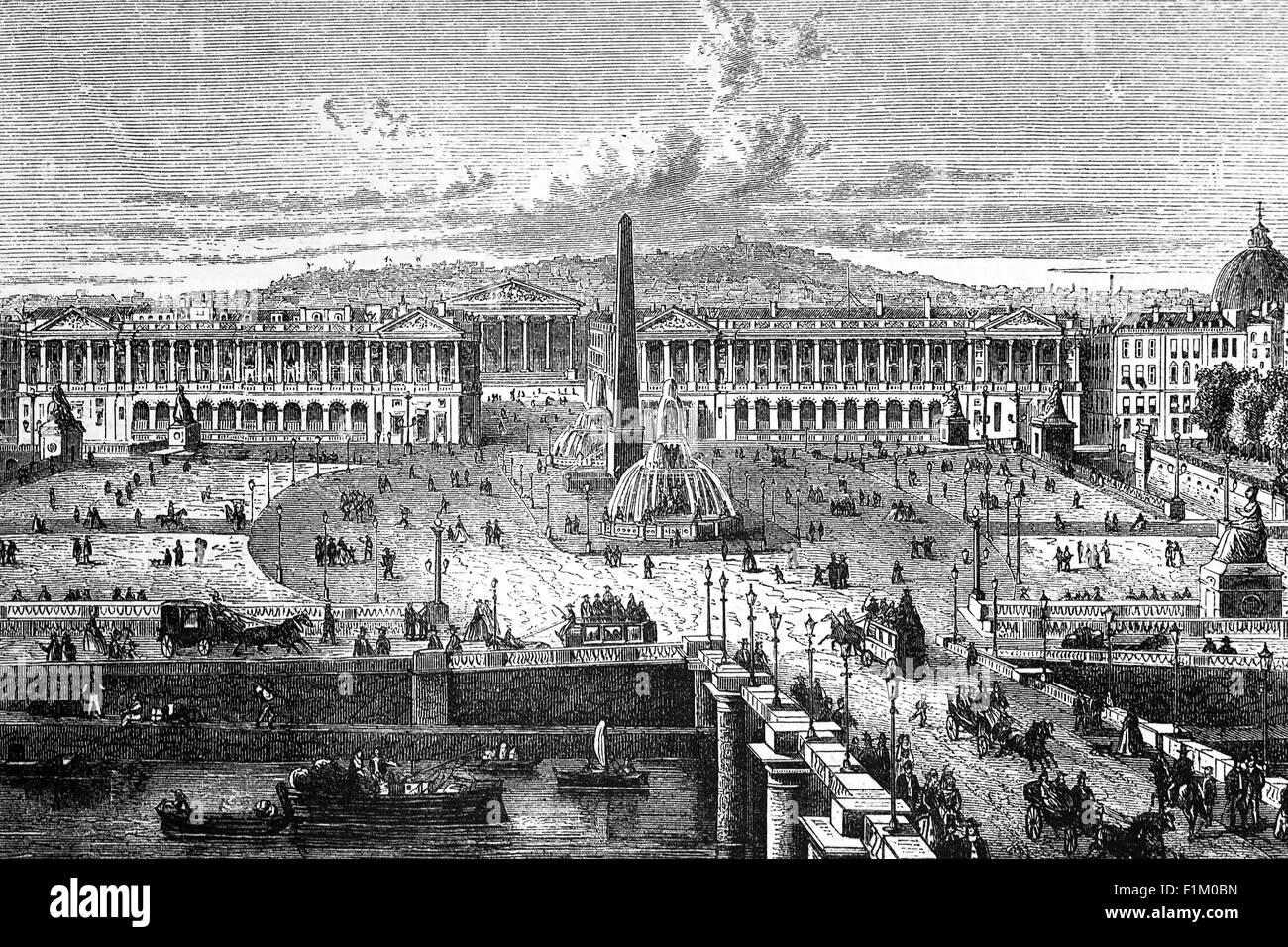 A 19th century view of the Place de la Concorde and River Seine, Paris, France. The Place de la Concorde  is the largest square in the French capital. It is located in the city's eighth arrondissement, at the eastern end of the Champs-Élysées.  It was the site of many notable public executions, including the executions of King Louis XVI and Marie Antoinette in the course of the French Revolution, during which the square was temporarily renamed Place de la Révolution. Stock Photo