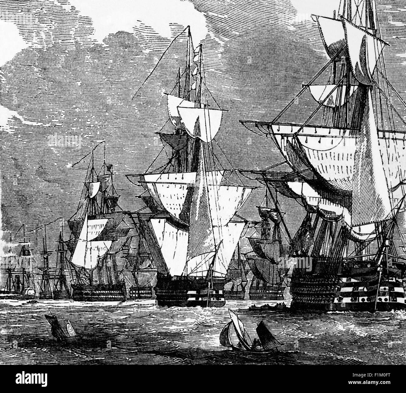 A line of British 'ships of the line', a type of naval warship in 1854. Constructed during the Age of Sail  they were designed for the naval tactic known as the line of battle, in which two columns of opposing warships maneuver to volley fire with the cannons along their broadsides. In conflicts where opposing ships were both able to fire from their broadsides, the opponent with more cannons firing and firepower had an advantage. Stock Photo
