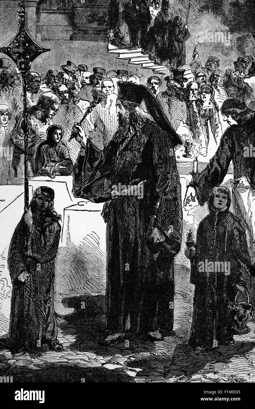 A 19th Century illustration of a Priest and Acolytes in the Russian Orthodox Church, one of the autocephalous Eastern Orthodox Christian churches. The church officially ranks fifth in the Orthodox order of precedence, immediately below the four ancient patriarchates of the Greek Orthodox Church: Constantinople, Alexandria, Antioch, and Jerusalem. Stock Photo