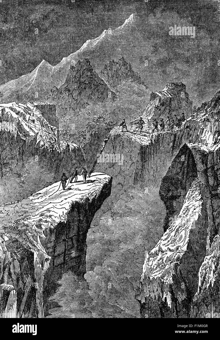 A group of climbers in the Swiss Alps. By the early 19th century, many of the alpine peaks were reached, the most dramatic of which  was the spectacular first ascent of the Matterhorn in 1865 by a party led by English illustrator Edward Whymper. Despite the sport of mountaineering having largely reached its modern form, with a large body of professional guides, equipment, and methodologies, four of the party members fell to their deaths. Stock Photo