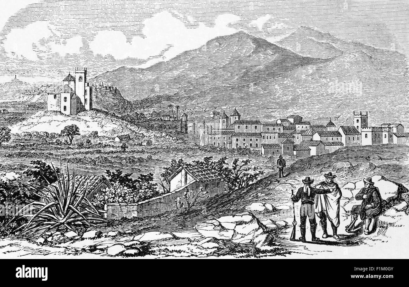 A 19th Century scene in Andalucia, the southernmost autonomous community in Peninsular Spain. The loss of the Spanish empire in the 1820s hurt the economy of the region, particularly the cities that had benefited from the trade and ship building. The construction of railways in the latter part of the 19th century enabled Andalusia to better develop its agricultural potential and it became an exporter of food. Stock Photo