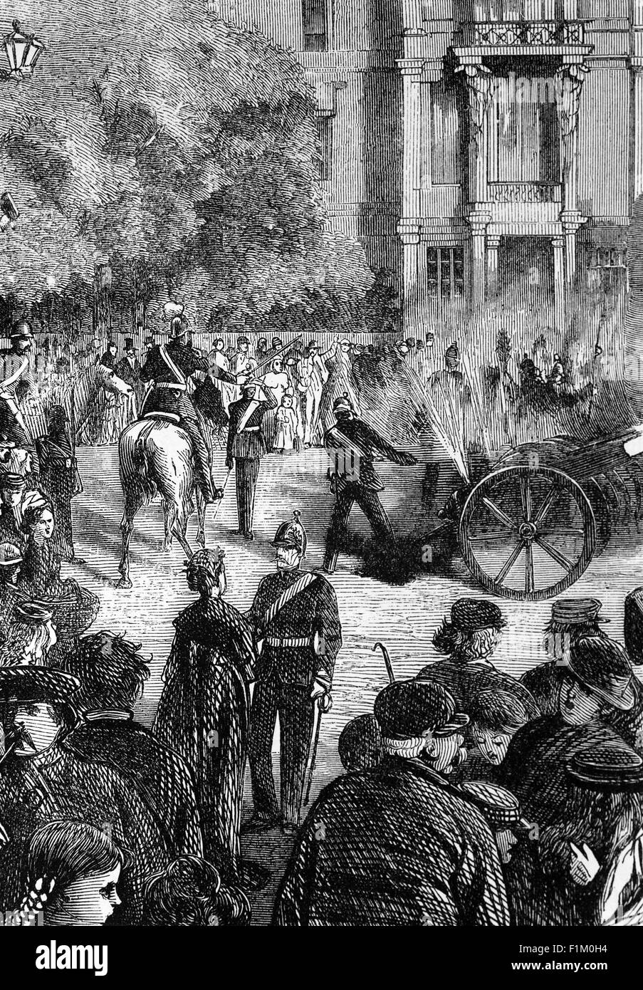 Firing Cannon Salvos during 19th Century celebrations in Berlin at the end of the Franco-German War of 1870-1871.  A conflict primarily  caused primarily by France's determination to restore its dominant position in continental Europe, which it had lost following Prussia's crushing victory over Austria in 1866. Stock Photo