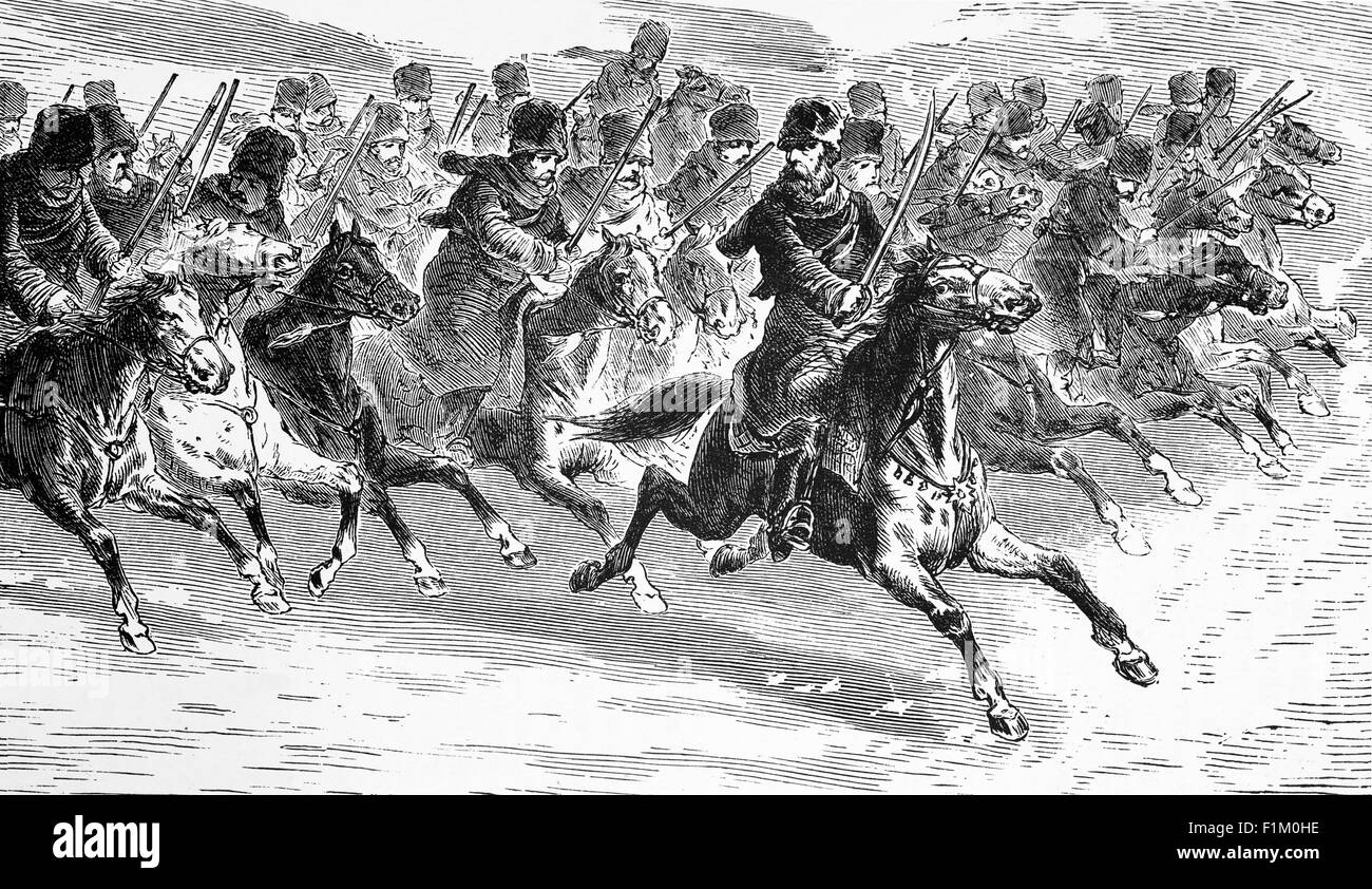 Russian Cossacks charging in full flight across the Steppes. The Imperial Russian Army was the land armed force of the Russian Empire, active from around 1721 to the Russian Revolution of 1917. In the early 1850s, the Russian Army consisted of more than 900,000 regular soldiers and nearly 250,000 irregulars (mostly Cossacks) Stock Photo