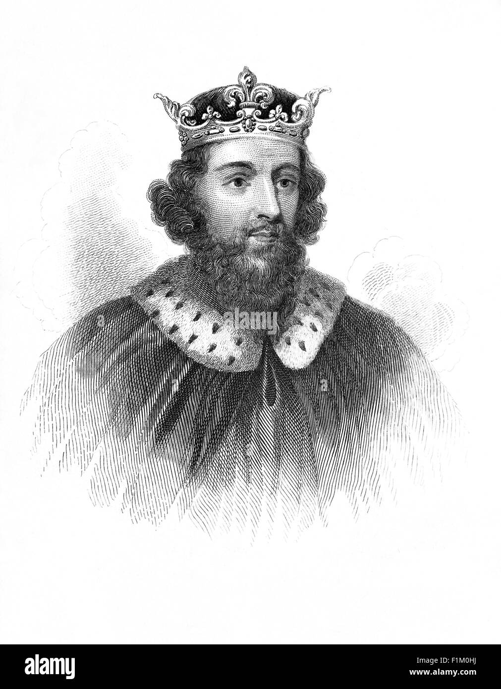 King Alfred (849–899AD) aka Alfred the Great, king of the West Saxons from 871-886 and king of the Anglo-Saxons from 886-99 was considered to be the first King of England. After ascending the throne, Alfred spent several years fighting Viking invasions winning a decisive victory in the Battle of Edington in 878 and made an agreement with the Vikings, creating what was known as the Danelaw in the North of England. Alfred also oversaw the conversion of Viking leader Guthrum to Christianity. He defended his kingdom against the Viking attempt at conquest, becoming the dominant ruler in England. Stock Photo