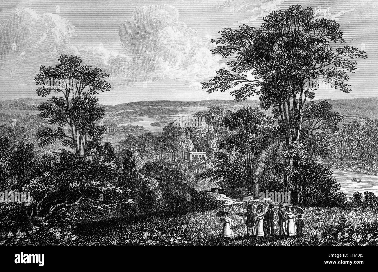 A 19th Century view of Richmond Hill in Richmond, London is a hill that rises gently on its northern side from the ancient River Thames meadowlands around the site of Richmond Palace up to Richmond Park, the former royal deer park enclosed by Charles I. Stock Photo