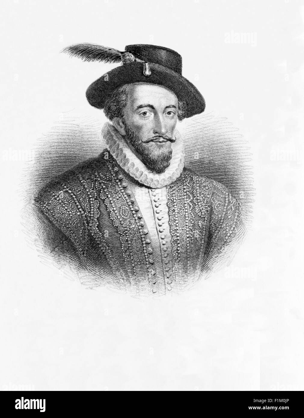 Sir Walter Raleigh 155?–1618).  English explorer and  favourite at the court of Queen Elizabeth I. He established the Virginia colony of Roanoke Island and introduced tobacco and the potato to Europe. Stock Photo