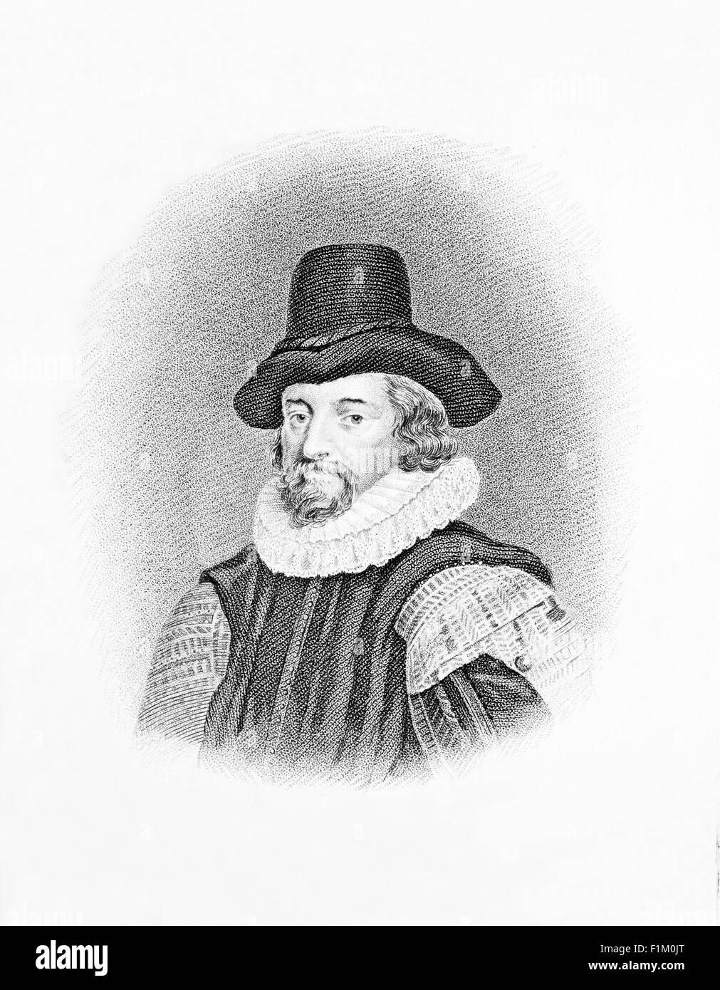 A 19th century portrait of Francis Bacon (1561-1626), also known as Lord Verulam. He was an English philosopher, statesman, scientist, jurist and author who served as Attorney General and as Lord Chancellor of England. His works are credited with developing the scientific method and remained influential through the scientific revolution. Stock Photo