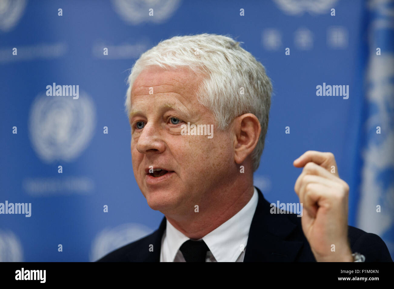 New York, USA. 3rd Sep, 2015. Richard Curtis, filmmaker and founder of Project Everyone, speaks during a press conference to present 'The Global Goals Campaign' at the United Nations headquarters in New York, the United States, Sept. 3, 2015. Well-known filmmaker Richard Curtis launched a campaign here Thursday in hope of telling 7 billion people about the UN's new Global Goals for sustainable development in just seven days. Credit:  Li Muzi/Xinhua/Alamy Live News Stock Photo