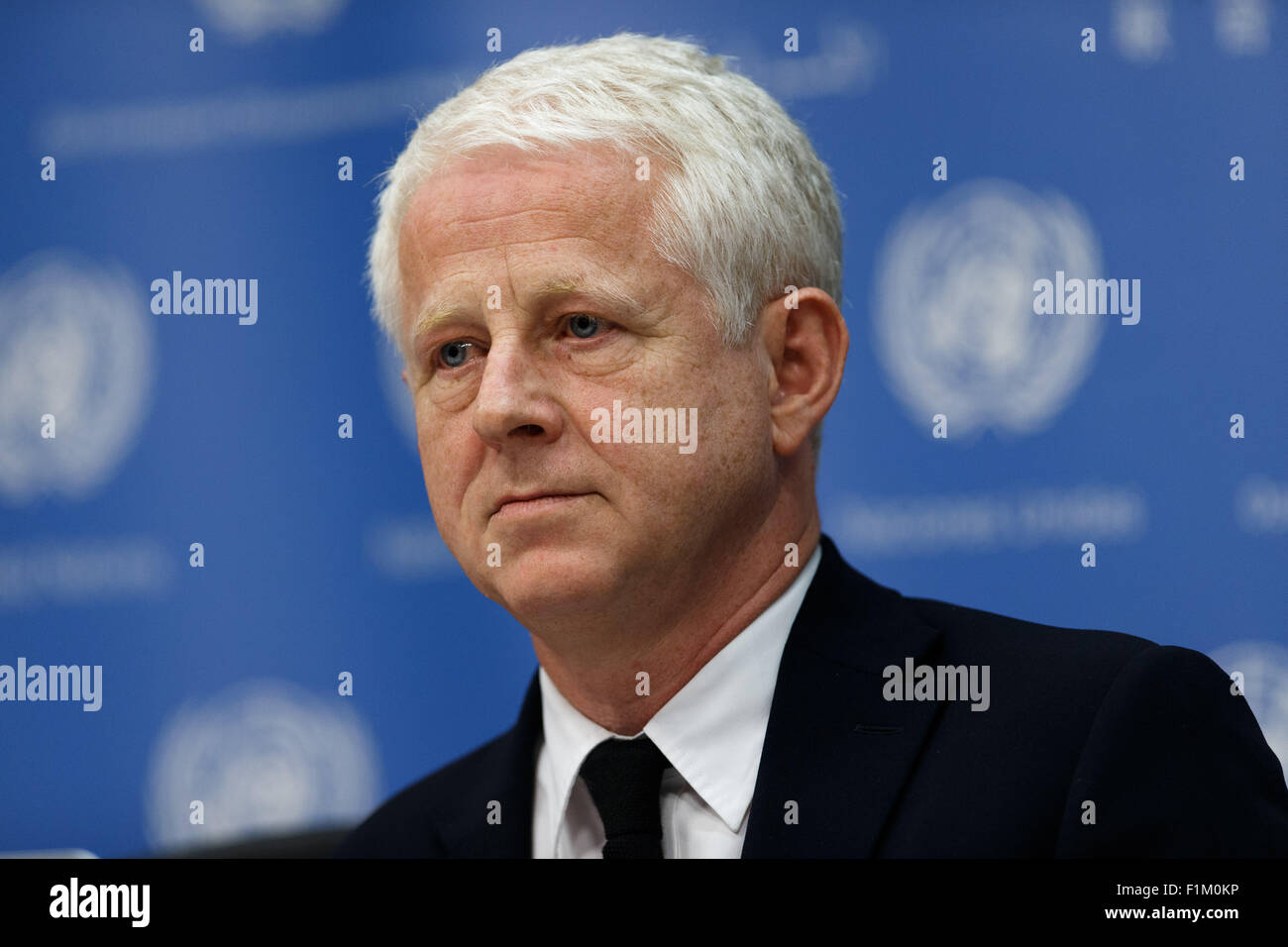 New York, USA. 3rd Sep, 2015. Richard Curtis, filmmaker and founder of Project Everyone, attends a press conference to present 'The Global Goals Campaign' at the United Nations headquarters in New York, the United States, Sept. 3, 2015. Well-known filmmaker Richard Curtis launched a campaign here Thursday in hope of telling 7 billion people about the UN's new Global Goals for sustainable development in just seven days. Credit:  Li Muzi/Xinhua/Alamy Live News Stock Photo