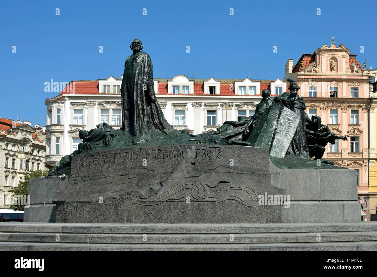 Jan Hus Memorial at the Old Town Square of Prague in the Czech Republic. Stock Photo