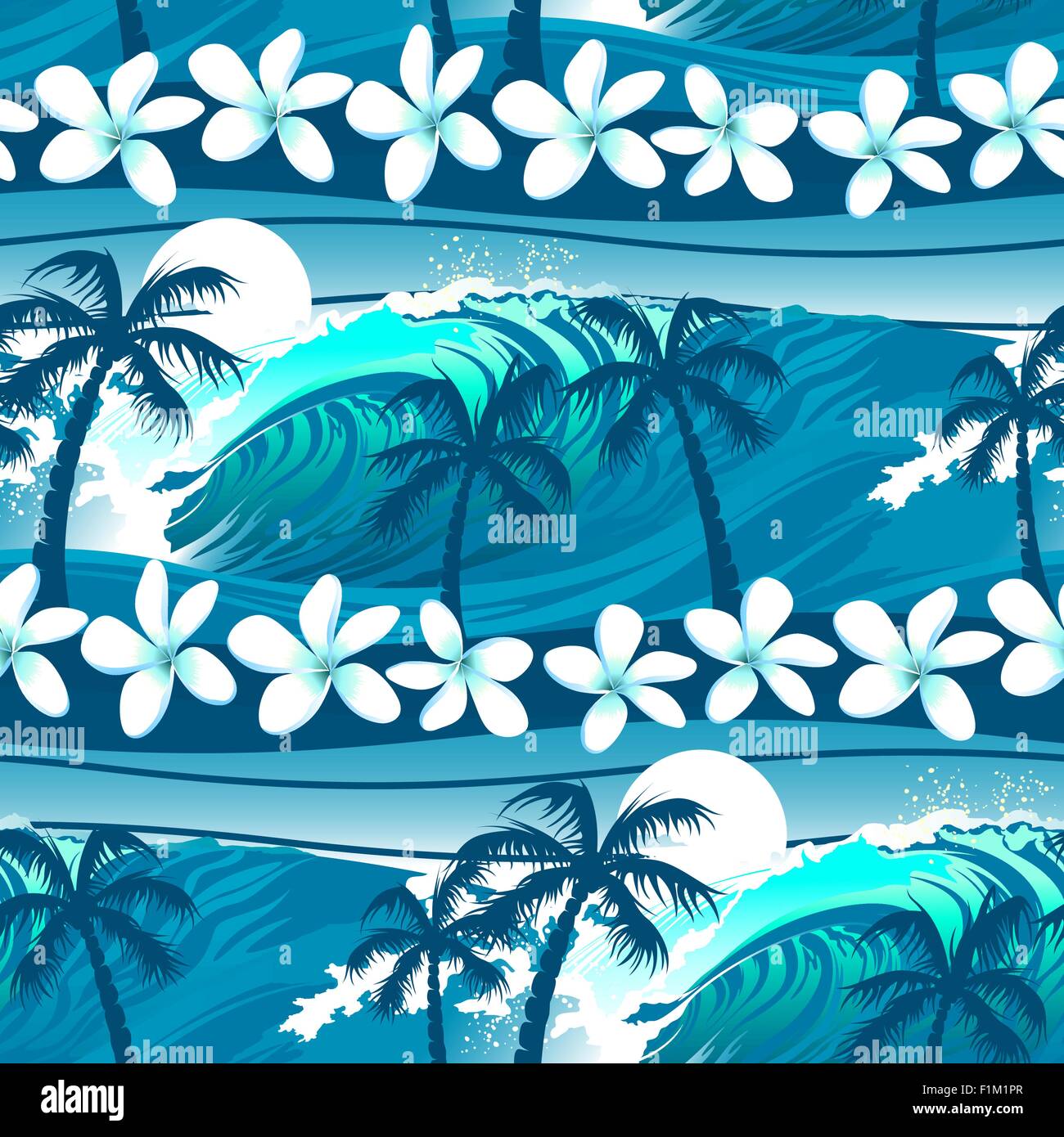 Blue tropical surfing with palm trees seamless pattern Stock Vector