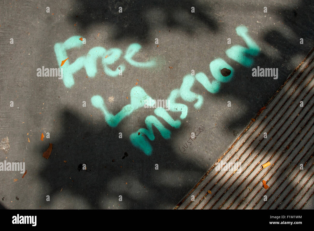 Sidewalk graffiti off of 24th St on Folsom in San Francisco: 'Free La Mission' Stock Photo