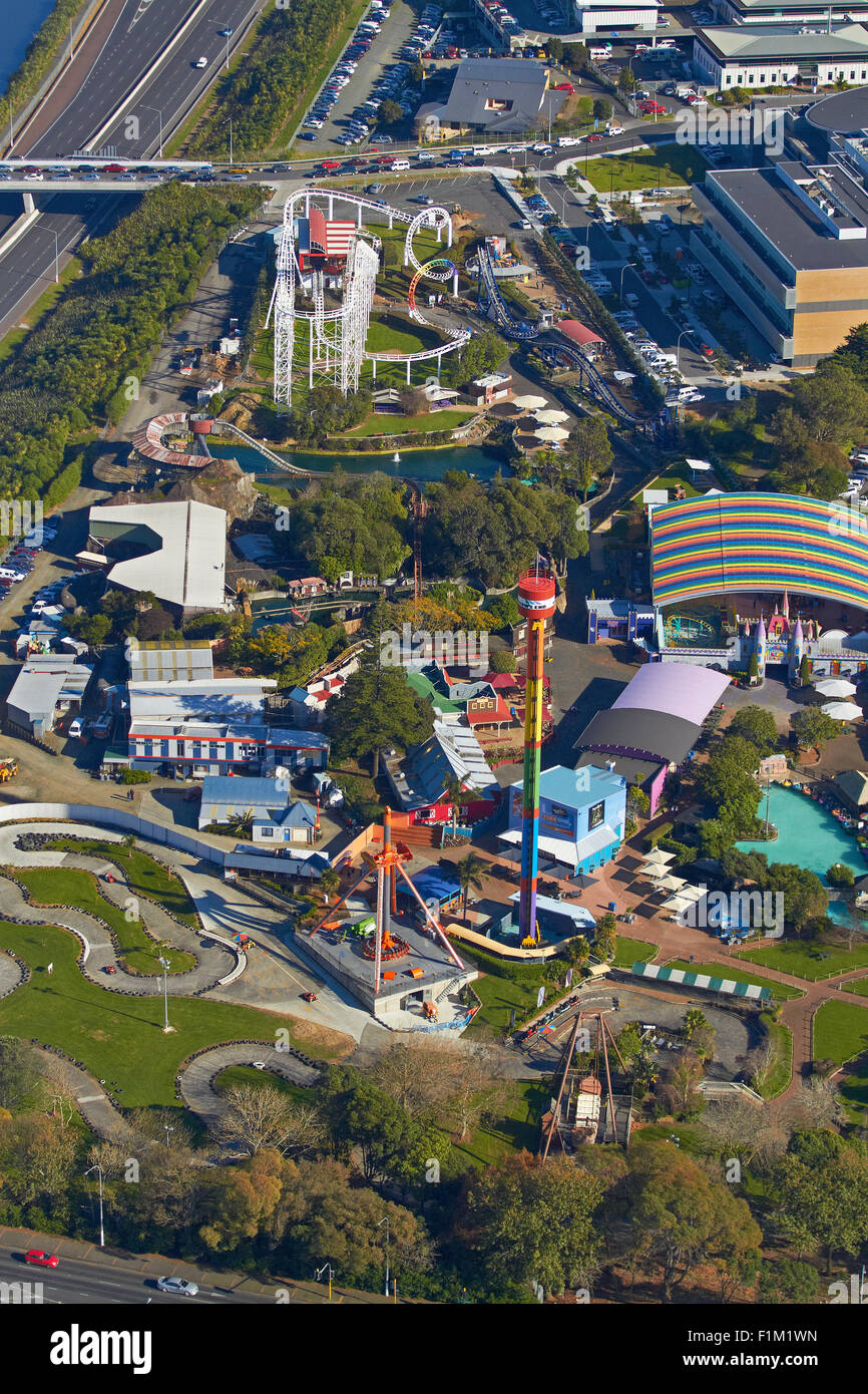 Rainbow's End theme park, Manukau, Auckland, North Island, New Zealand - aerial Stock Photo