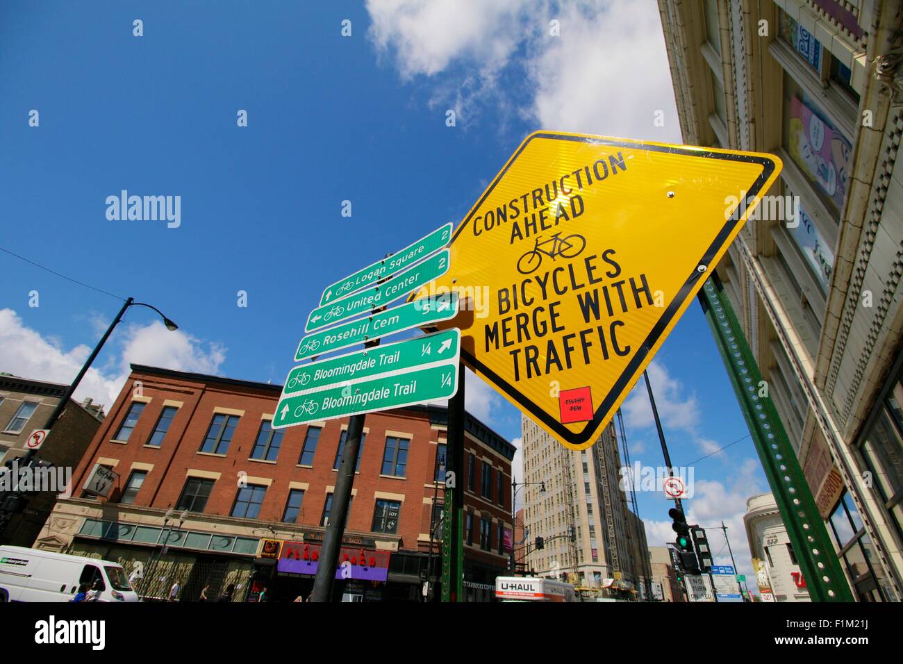 Road construction sign. Wicker Park neighborhood, Chicago, Illinois
