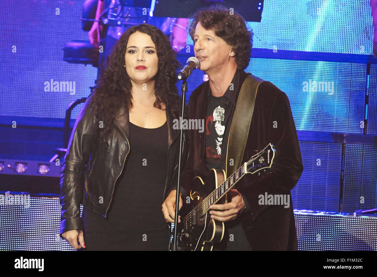 Madrid, Spain. 3rd Sep, 2015. Lydia, Juan Luis Gimenez and Nacho Mano from Presuntos Implicados performs on stage during Cadena Dial 25 anniversary party at Palacio de los Deportes on September 3, 2015 in Madrid Credit:  Jack Abuin/ZUMA Wire/Alamy Live News Stock Photo