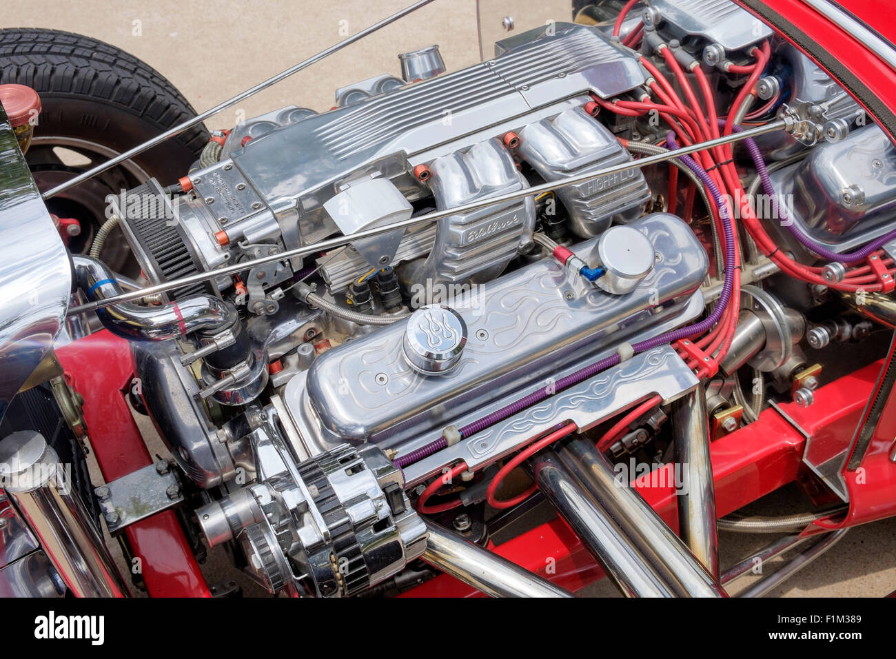 American hot-rod V8 chromed engine with fuel injection system and lots of chrome and polished metal Stock Photo