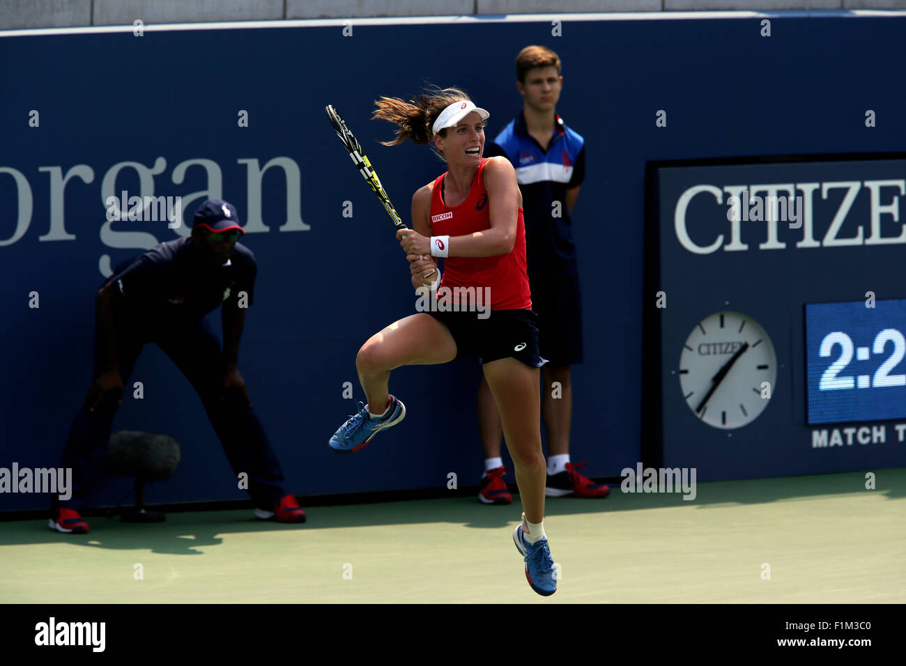 Britain's Johanna Konta en route to an upset  victory over Spain's Garbine Muguruza, the number 9 seed, during their second round match at the U.S. Open in Flushing Meadows, New York. Stock Photo