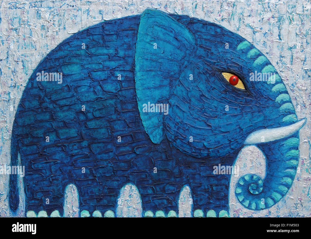 Blue Elephant on Silver background. Original acrylic painting on canvas. Stock Photo