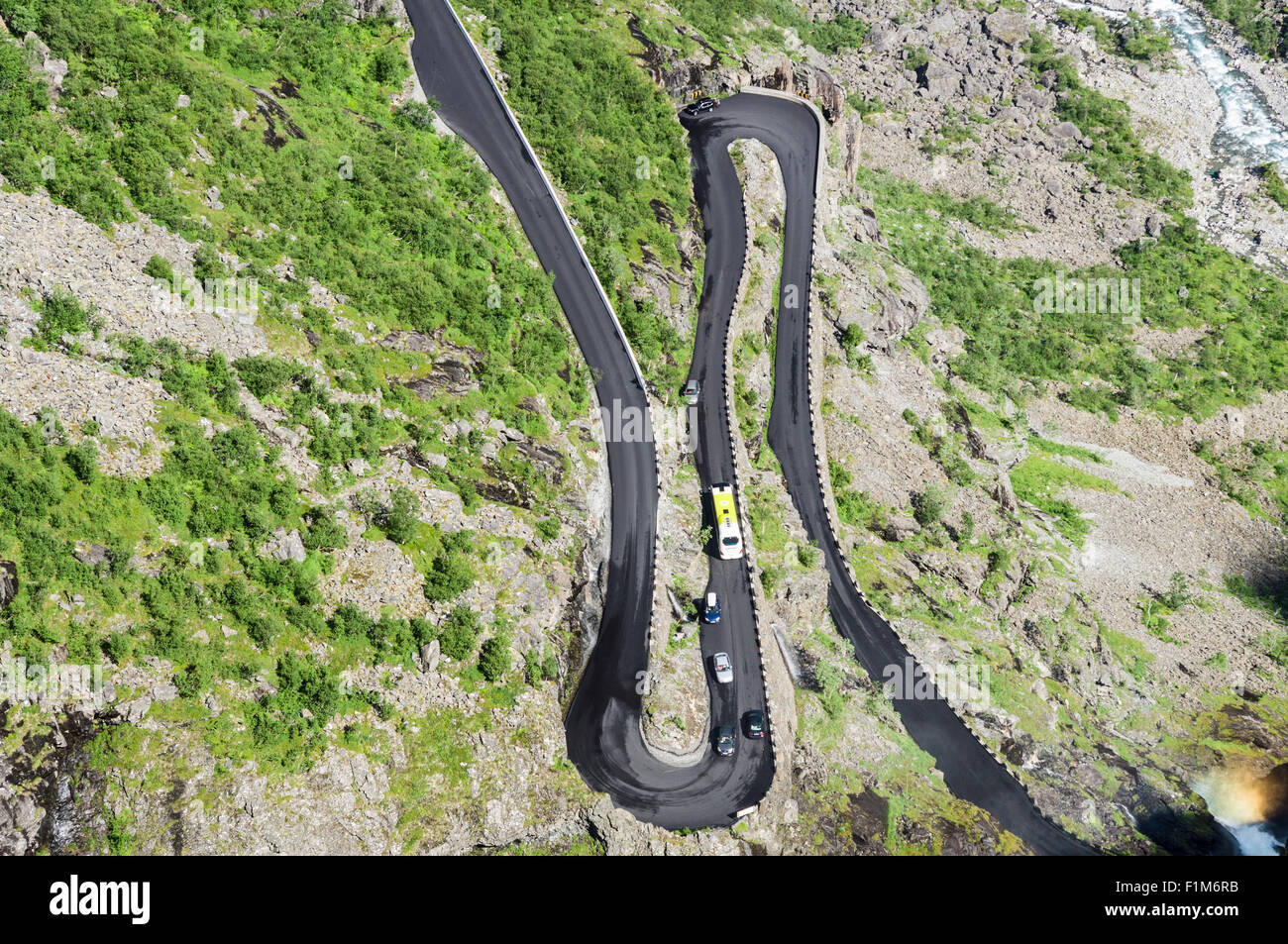 Traffic and hairpins on Trollstigen serpentine road, Norway Stock Photo