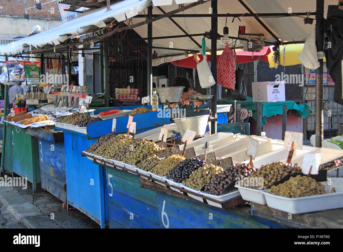 Olives at Central Market (aka New Market), Sheshi Avni Rustemi, Tirana, Albania, Balkans, Europe Stock Photo