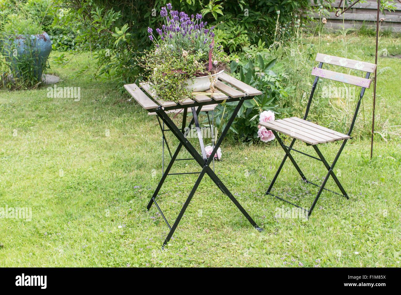Table and chair in the garden Stock Photo - Alamy
