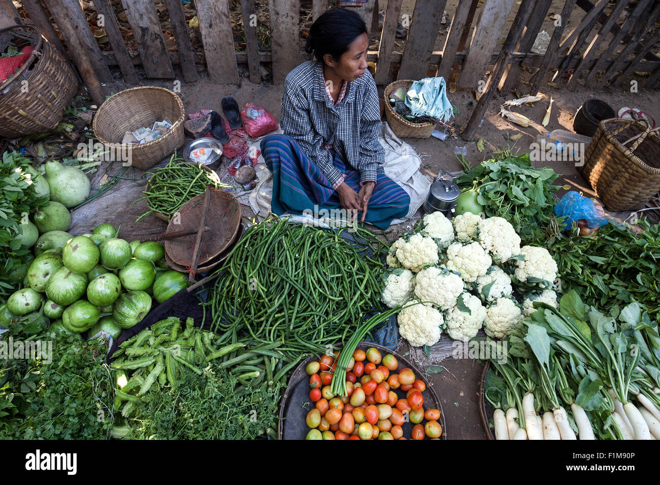 Market, vegetable market, indigenous woman selling vegetables, Mandalay Division, Bagan, Mandalay Division, Myanmar Stock Photo