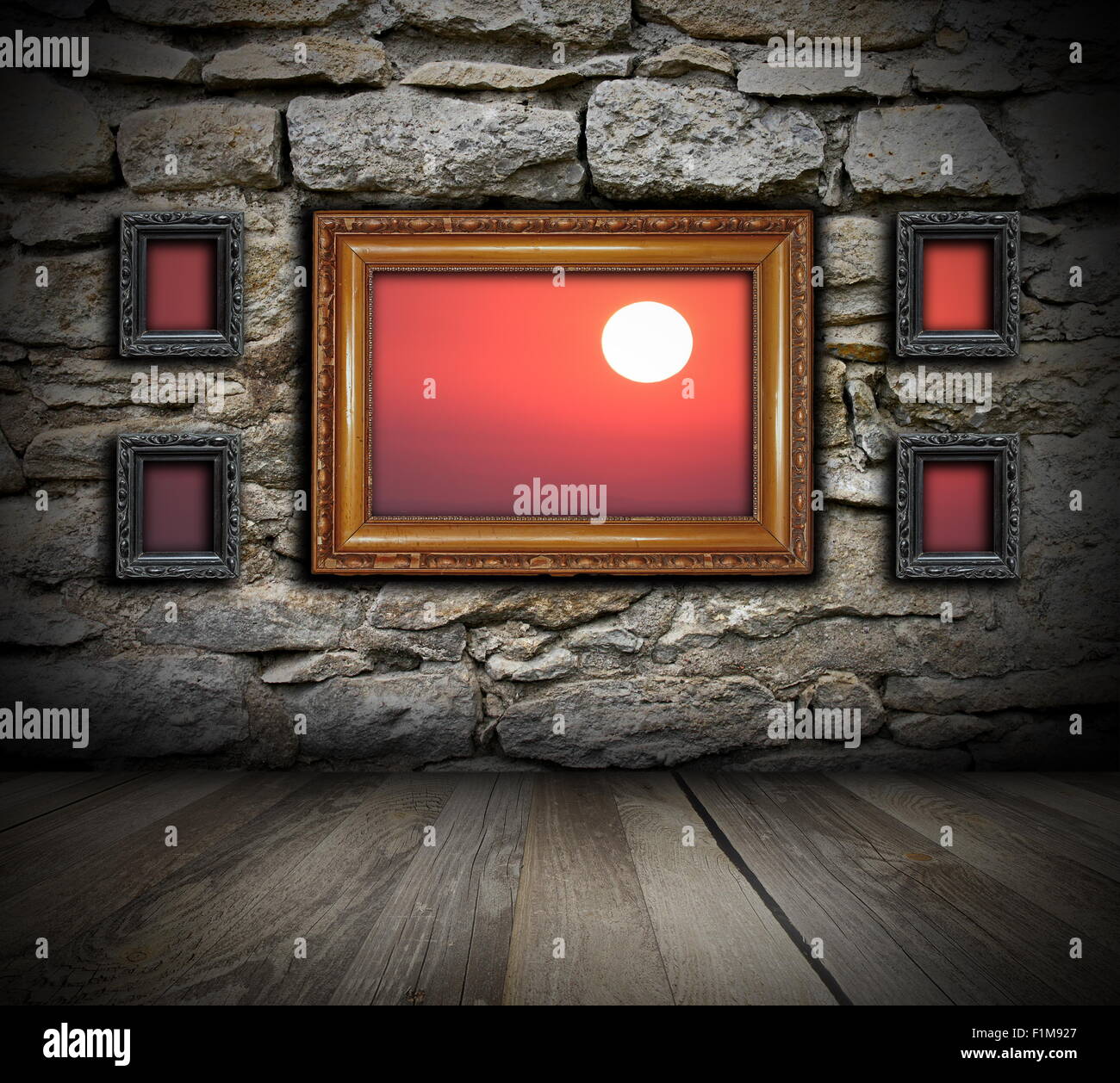 vintage painting frames like windows on wall and beautiful sunrise seen through ( the background