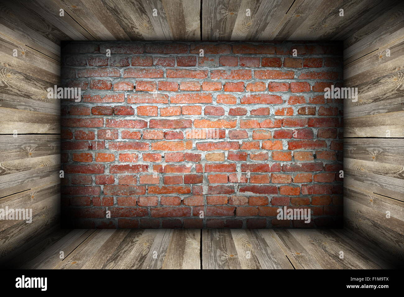 perspective of indoor abstract room backdrop with wood and brickwork Stock Photo