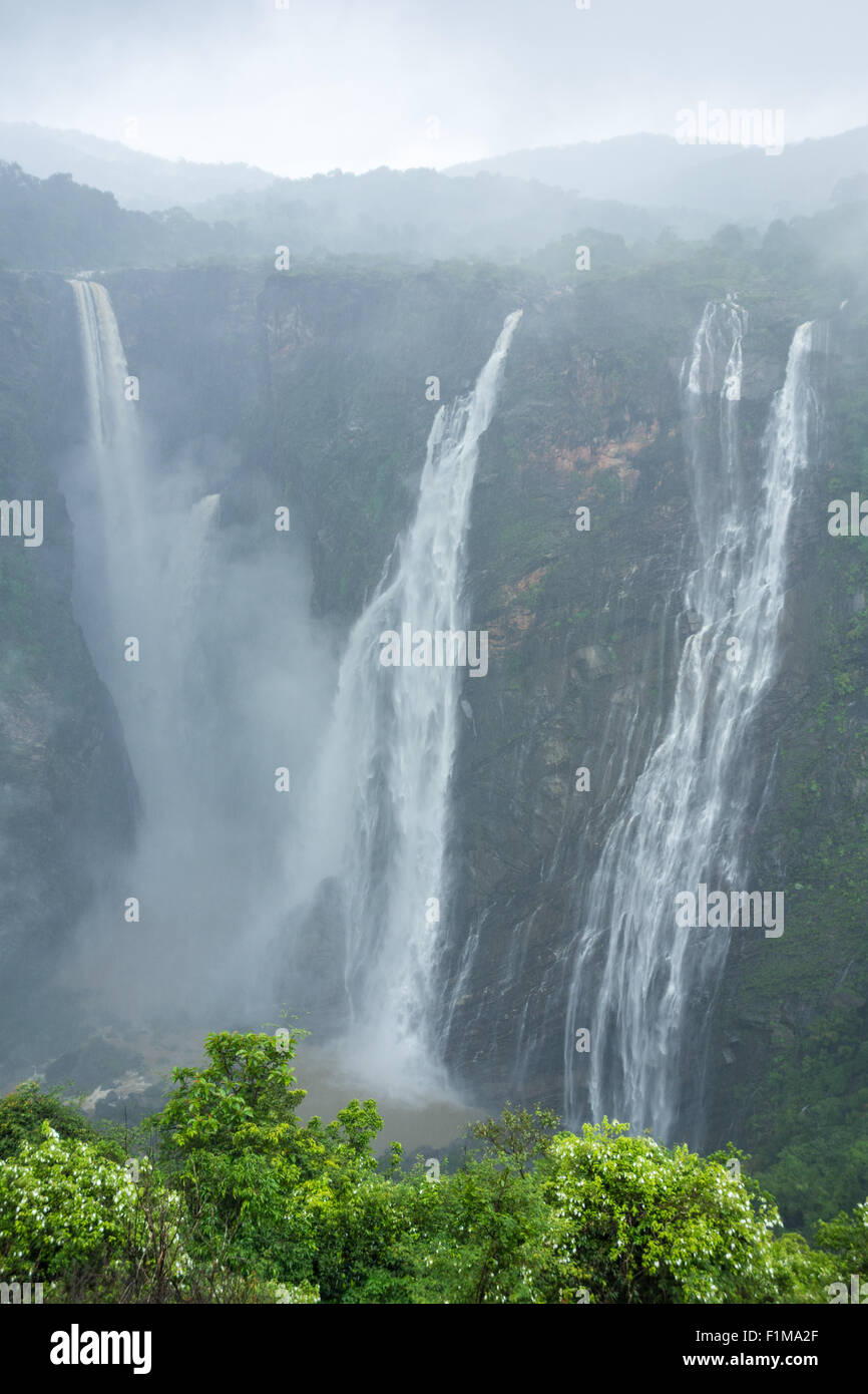 Portrait shot of the cataract, segmented fall of beautiful Jog Waterfalls (Gerosoppa falls) on a cloudy day in monsoon season. Stock Photo