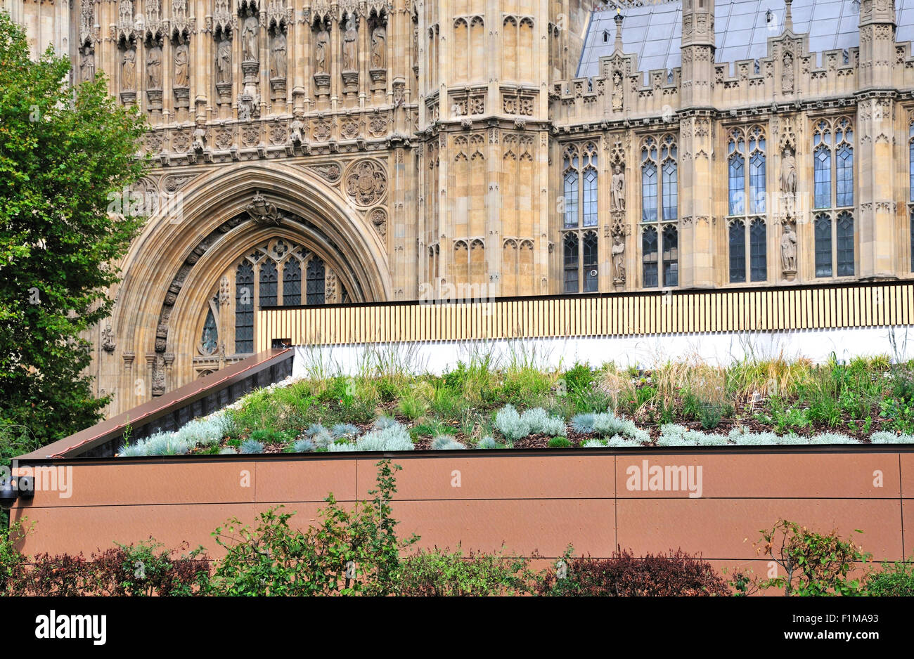 London, England, UK. Green Roof on the Education Centre for the Palace of Westminster in Victoria Tower Gardens Stock Photo