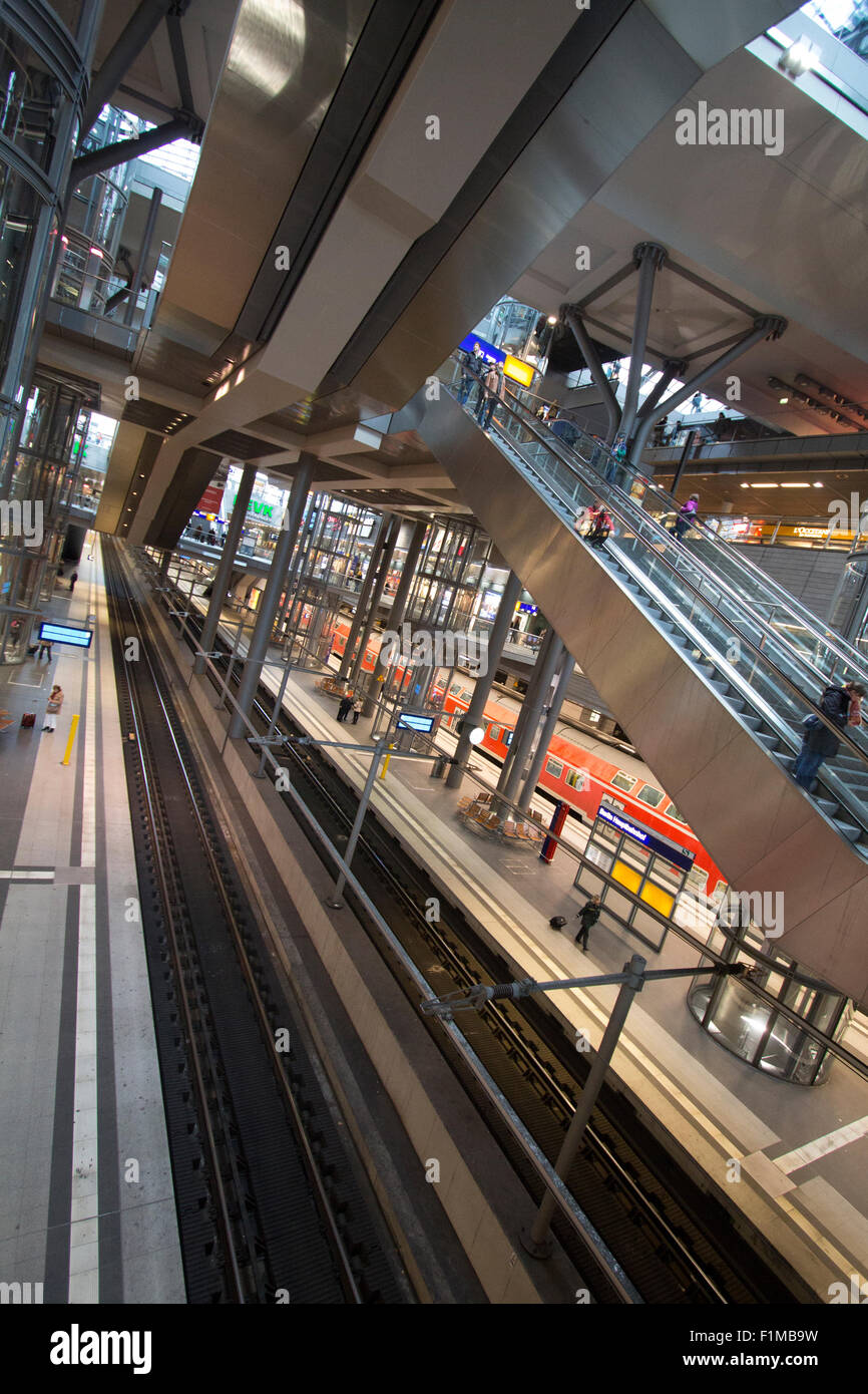 Berlin Hauptbahnhof Station at an angle and in wide angle showing escalators Stock Photo