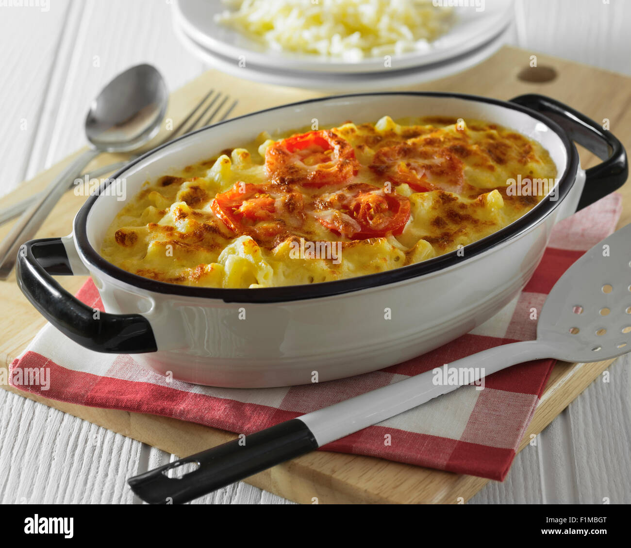 Macaroni cheese baked in casserole dish Stock Photo