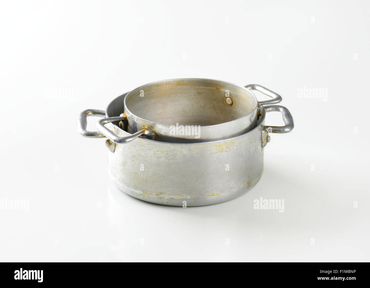 two empty old saucepans on white background Stock Photo Alamy