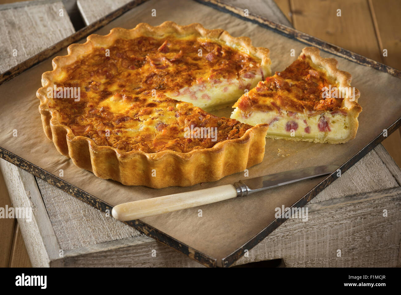 Quiche lorraine. French egg and bacon tart. France Food Stock Photo