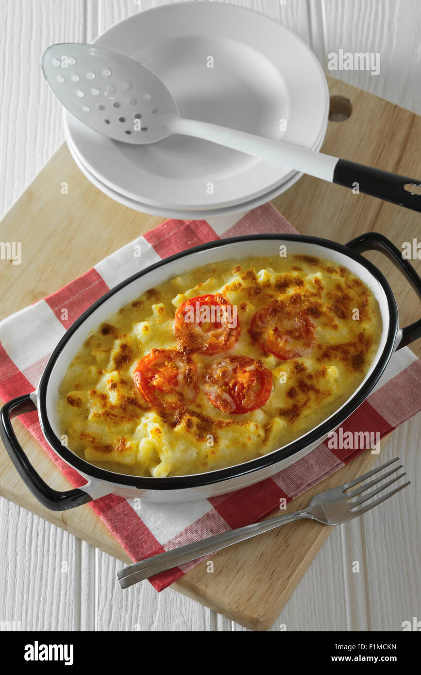 Macaroni cheese baked in casserole dish Stock Photo