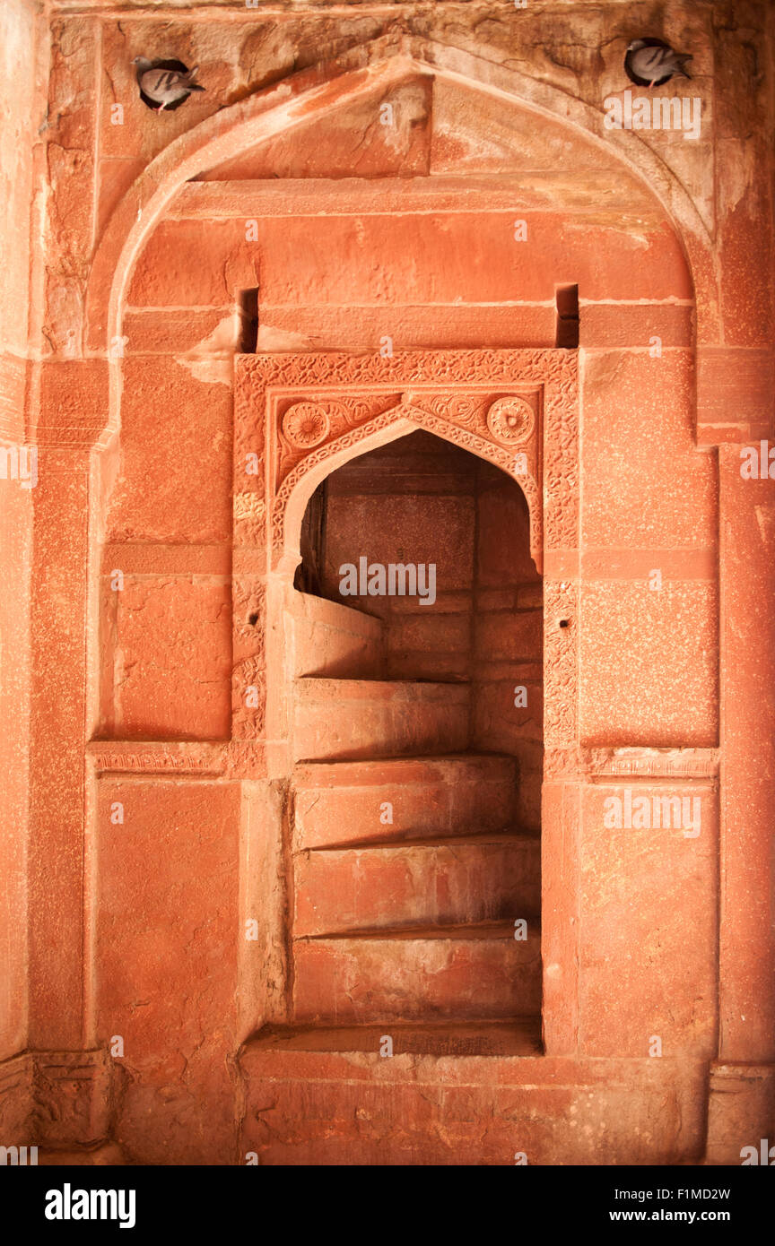 Agra, Utar Pradesh, India. Red sandstone detail from the Mughal Agra Fort. Stairway. Stock Photo