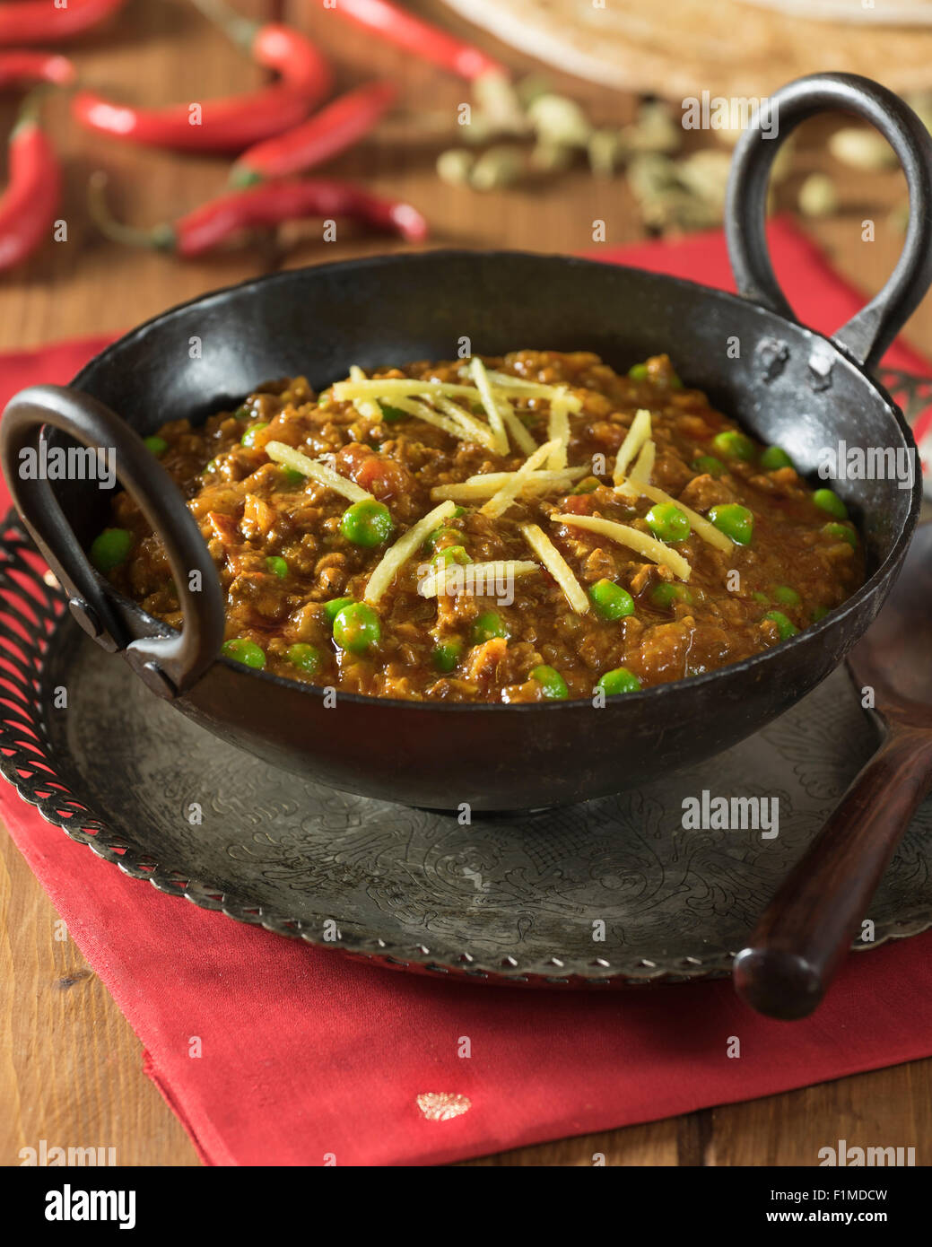 Keema curry. Spicy minced lamb in karahi cooking pot. India Food Stock