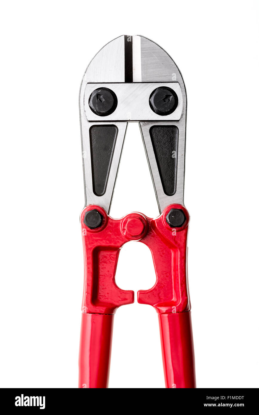 Red metal bolt cutters on white background Stock Photo