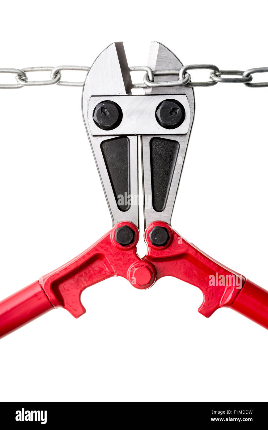 Red metal bolt cutters with silver chain on white background Stock Photo