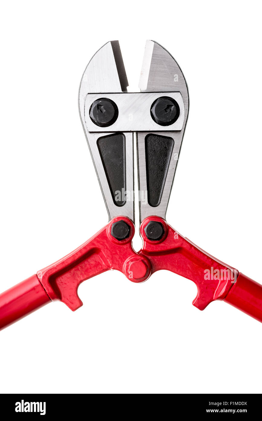 Red metal bolt cutters on white background Stock Photo
